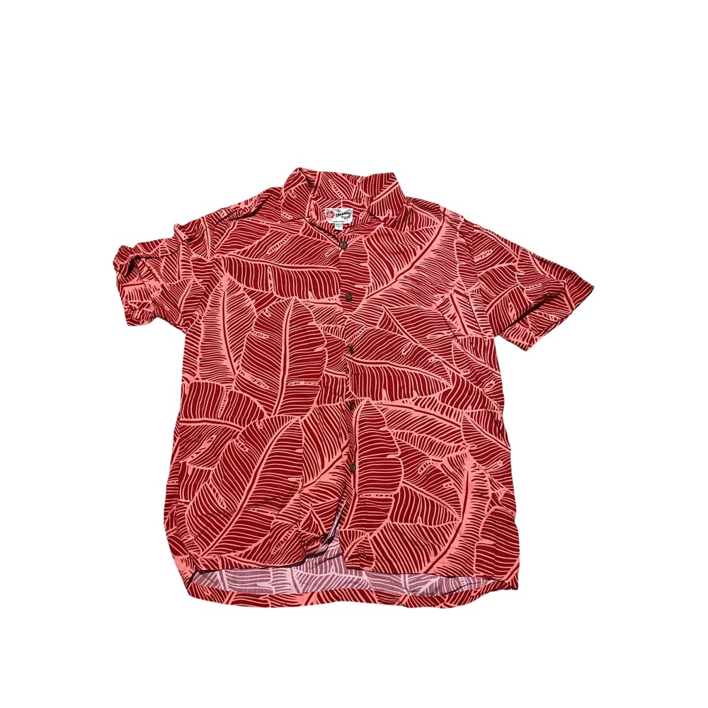 Hilo Hattie The Hawaiian Original Mens Red Pink Tropical Leaf Aloha Shirt Medium